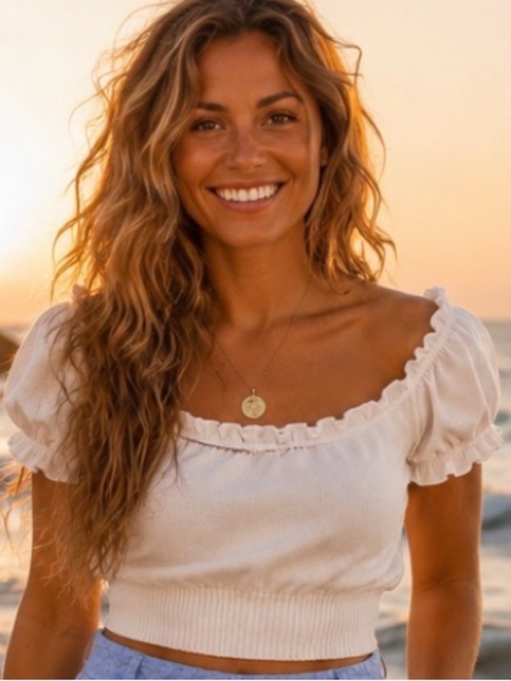 Lucky Spirit 100% Cotton Smocked Waist Ruffle-Edge Crop Top in white